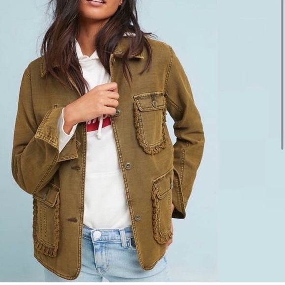 Anthropologie Olive Green Patch Ruffle Pockets Size Small Jacket - Picture 4 of 15